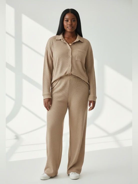 Ekouaer Other - Waffle-Knit Lounge Shirt & Pants Set - Beige